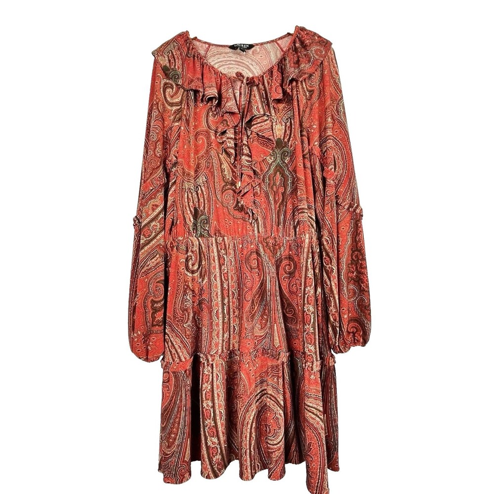 Lauren Ralph Lauren Paisley Tiered Dress Size 14 Boho Peasant Fall Midi - Picture 2 of 16